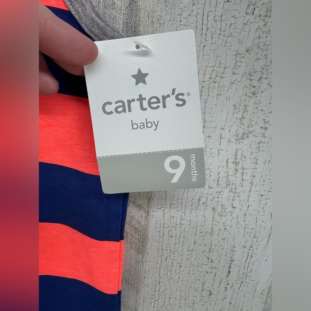 Carters Striped Navy Orange Crab Sleeveless Romper 9 Months NWT - Picture 2 of 3